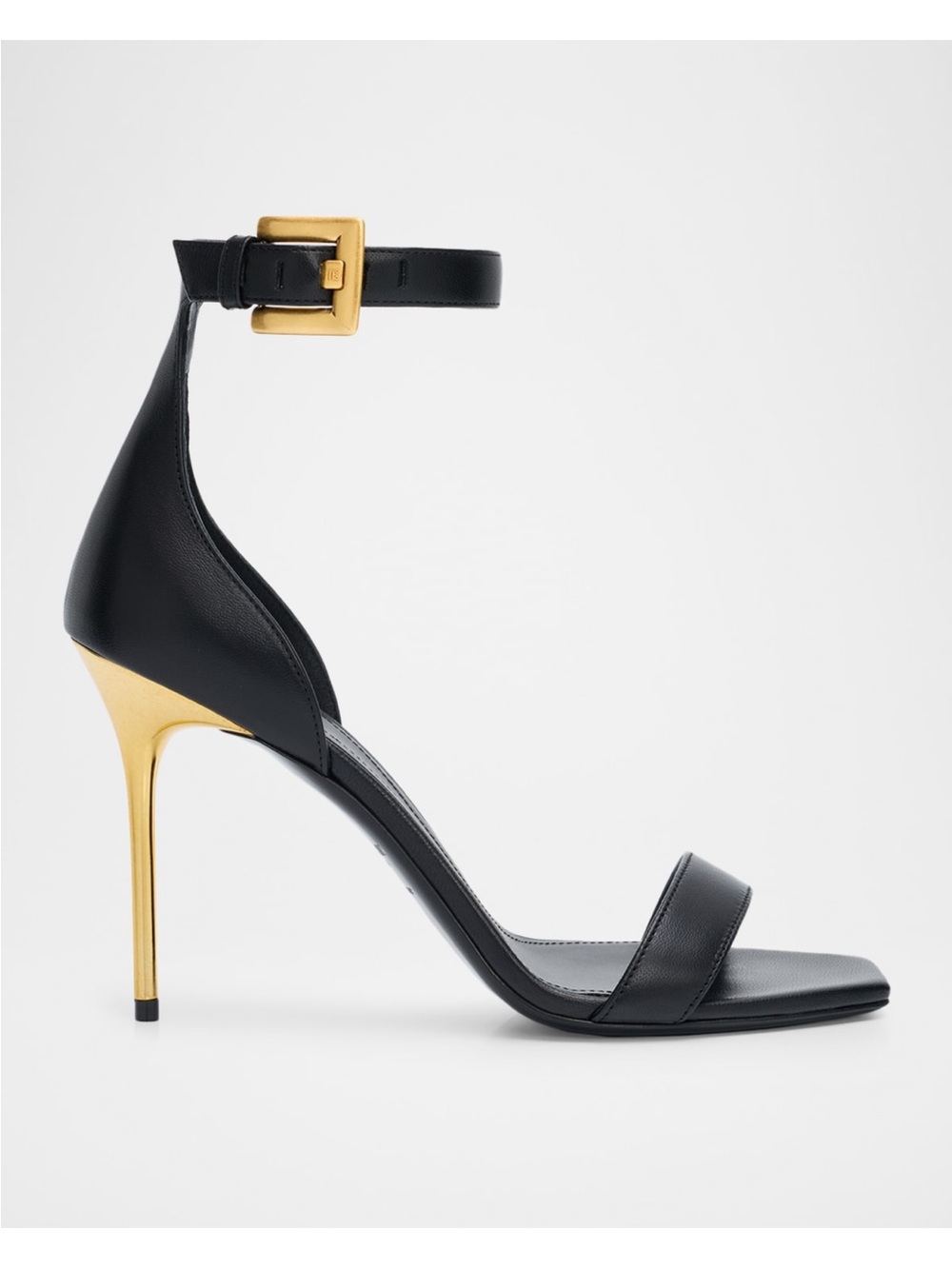 Balmain Black Leather Ankle-Strap Stiletto Sandals with Gold Heel size 38.5